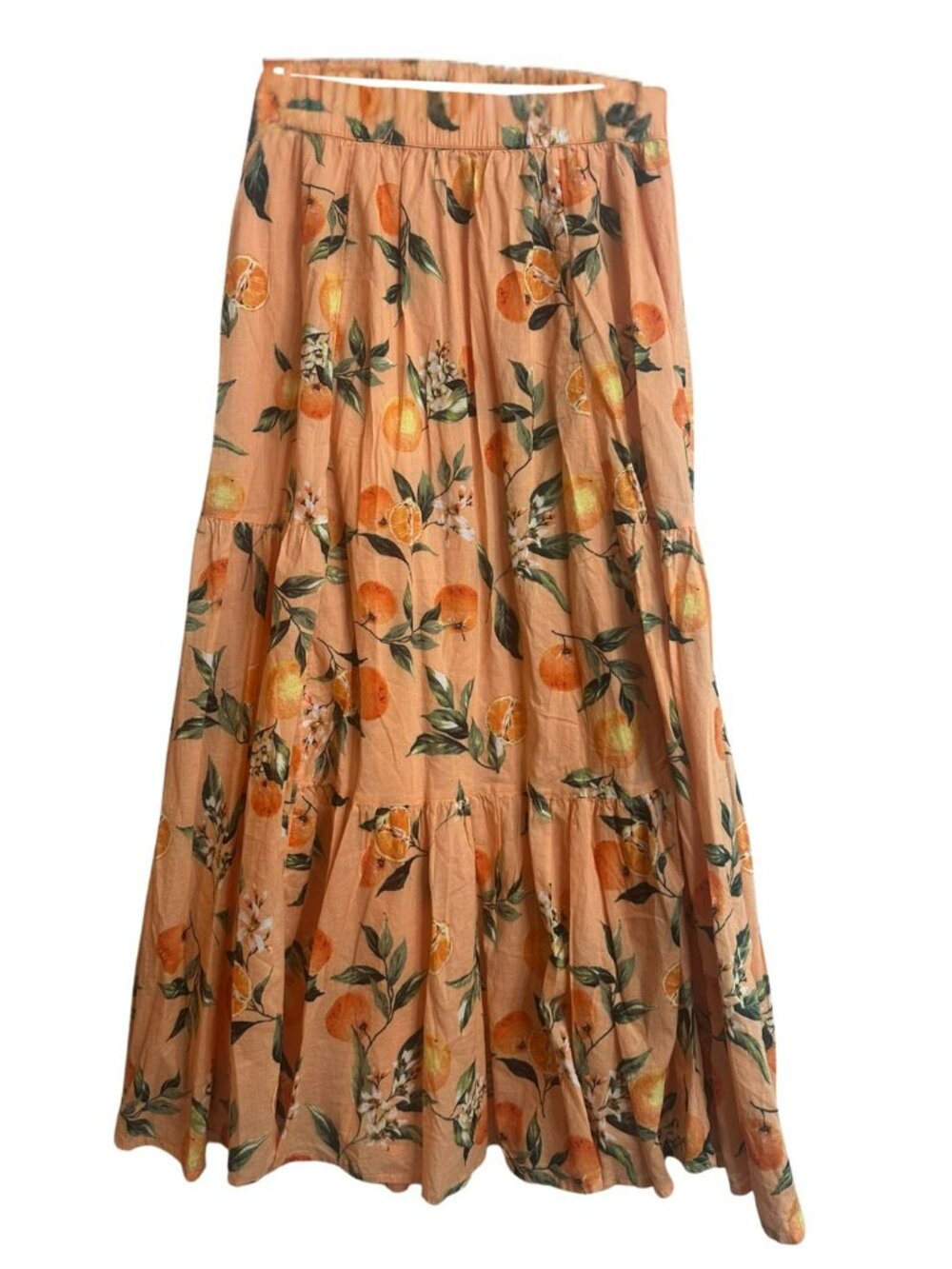 LOFT Citrus Print Tiered Maxi Skirt XS Peach Orange Blossom Cotton Boho